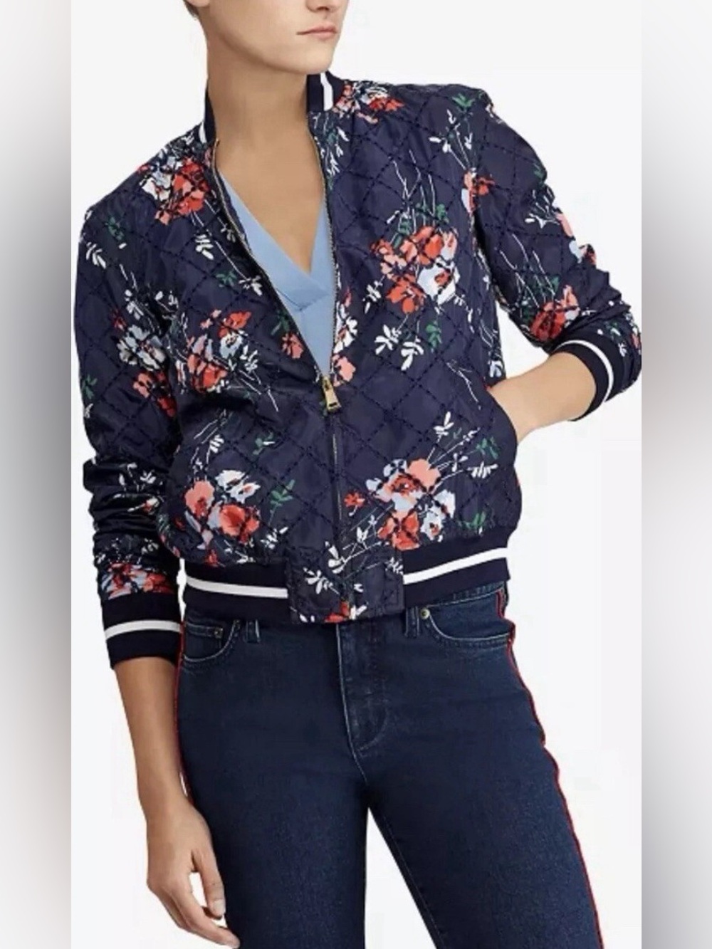 Lauren Ralph Lauren Women's Fall Floral Eyelet Print Bomber Jacket Size Medium